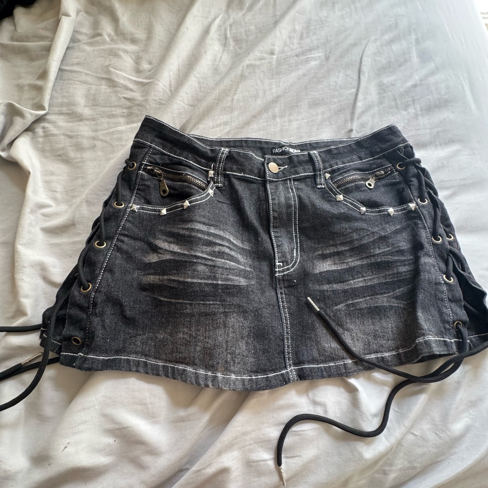 Fashion Nova Black Gray Embellished Cut Out Mini Skirt